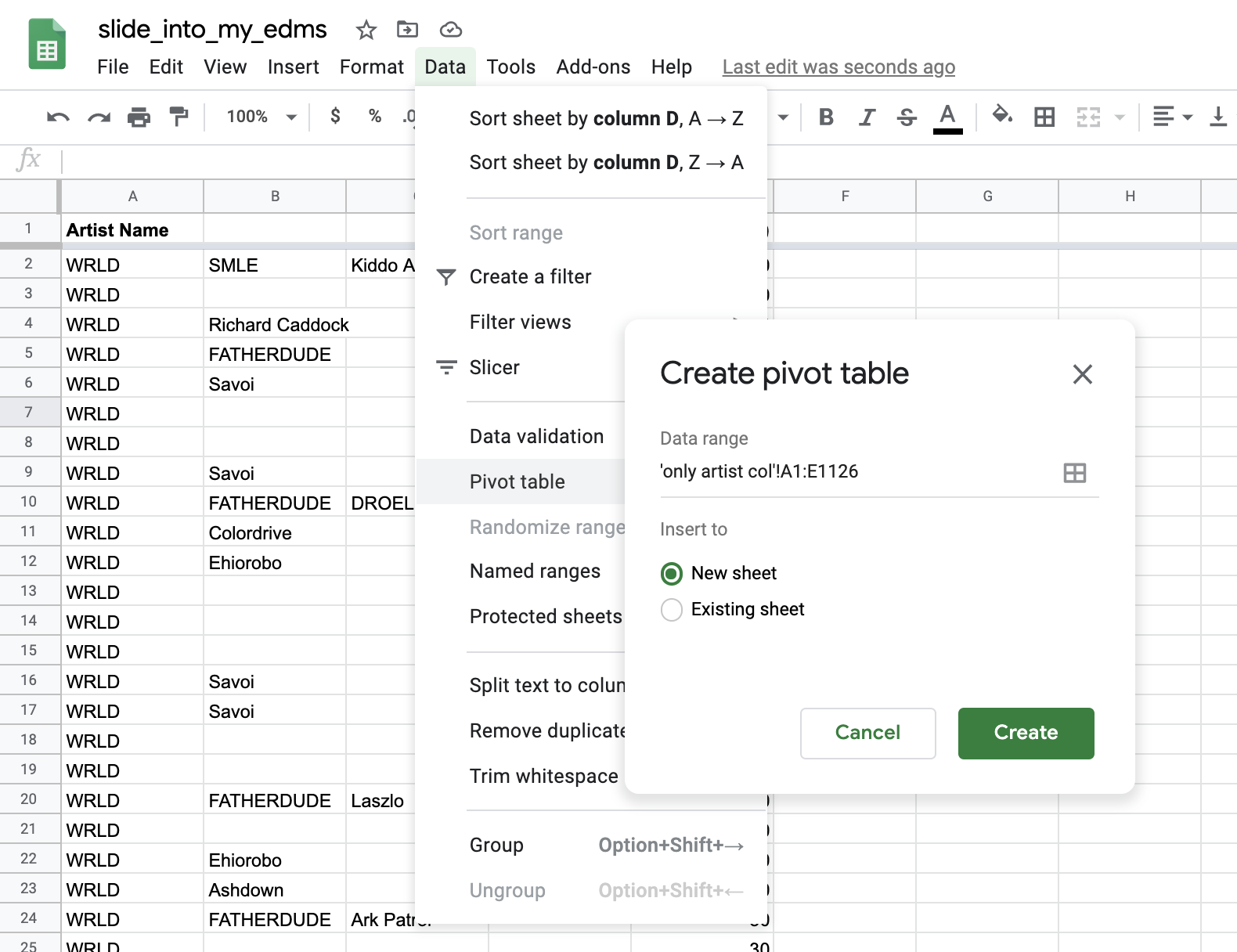 screenshot showing how to create a new pivot table in google sheets